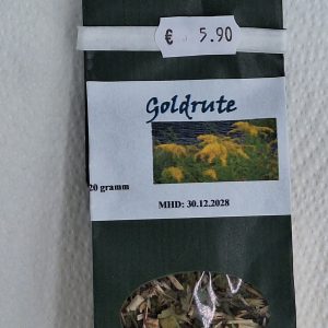 Goldrute in einem handgemachten Paket mit Sichtfenster, 20 Gramm für 5,90 Euro.