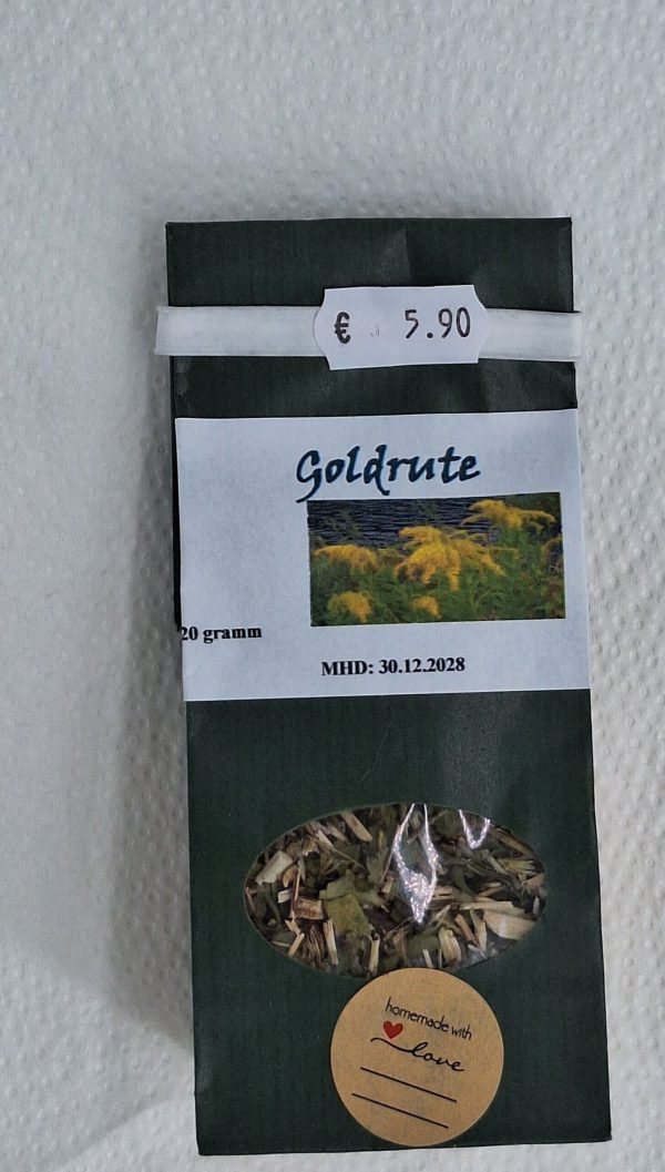 Goldrute in einem handgemachten Paket mit Sichtfenster, 20 Gramm für 5,90 Euro.