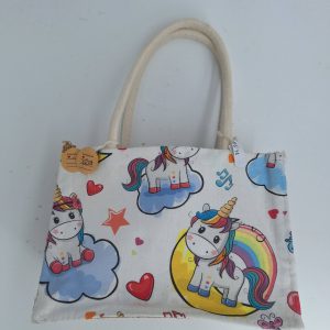 Bunte Tasche mit Einhorn-Motiven, ideal als kreatives Geschenk für Kinder.