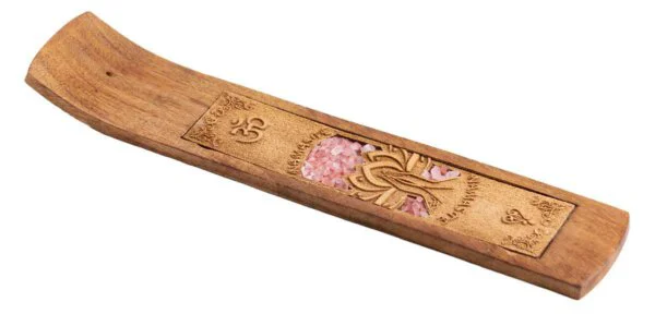 Räucherstäbchenhalter aus Holz Namaste mit Rosenquarz